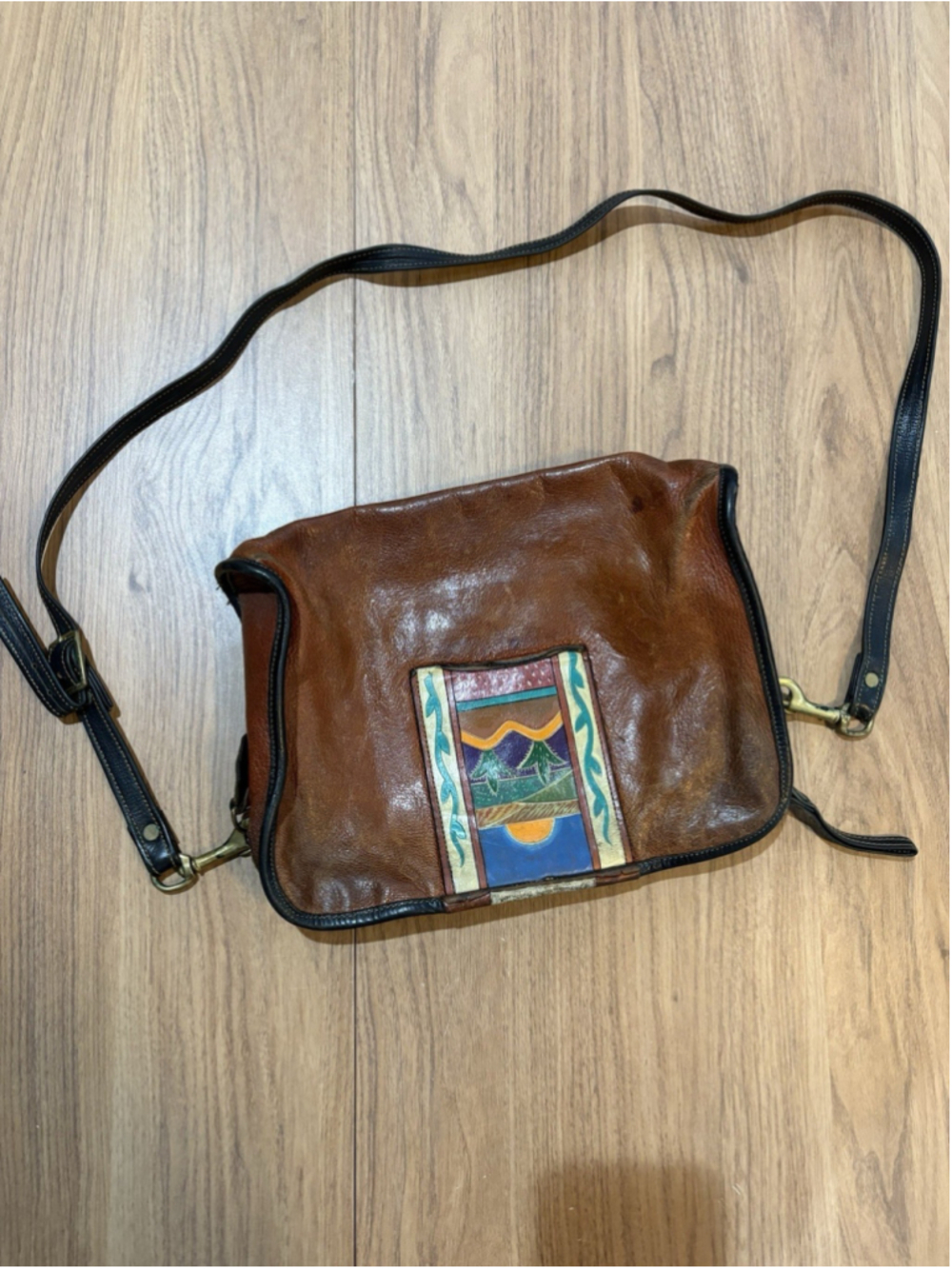 Turtle Ridge Leather Crossbody Bag Brown Southwestern Hand Painted Purse